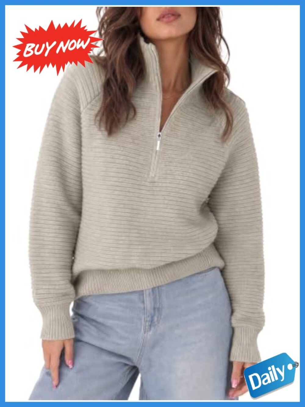 Women's Quarter Zip Oversized Knit Sweater Stand Collar Long Sleeve Pullover